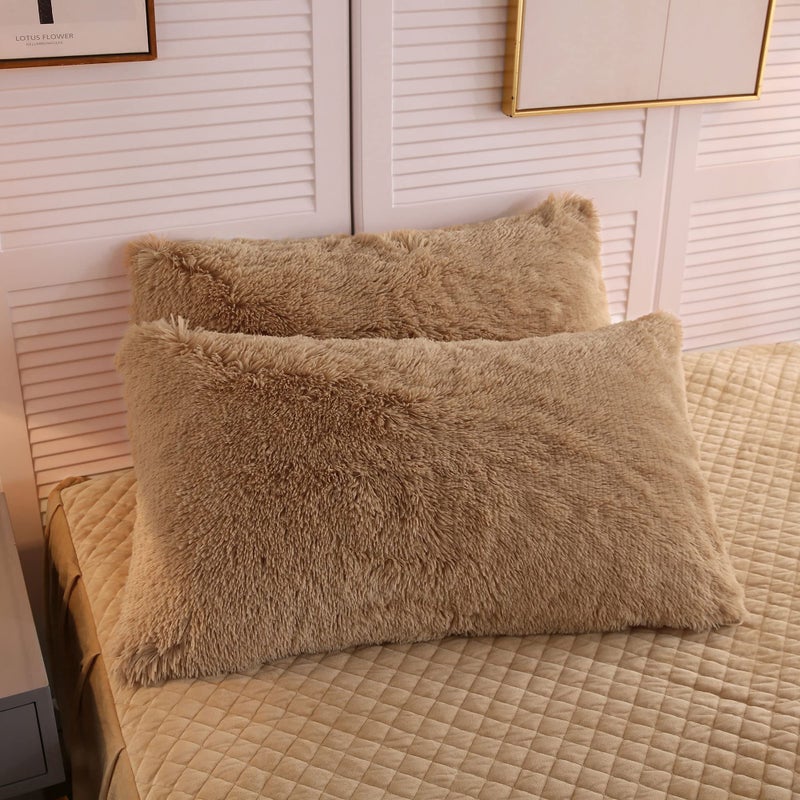 LIFEREVO 2 Pack Faux Fur Pillow Shams,Shaggy Plush Home Decorative Luxury Series Super Soft Furry Pillow Case with Zipper Closure for Home Sofa Couch Decoration,Standard (Camel,20"x26") - Image 1